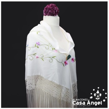 MANTÓN DE PICO MARFIL BORDADO FLORES COLOR ROSA 180cm