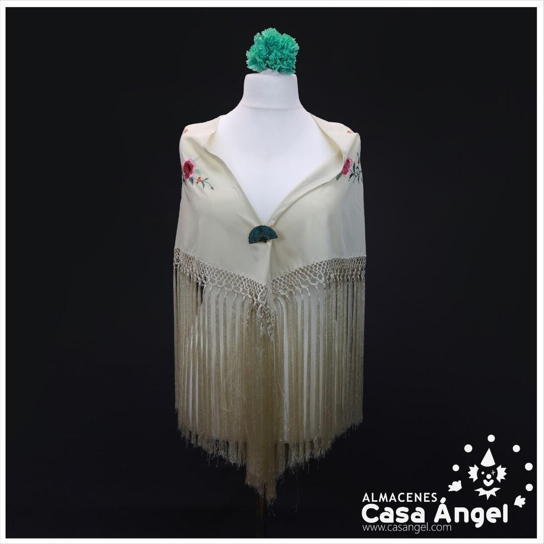 MANTÓN DE PICO BEIGE BORDADO FLORES MULTICOLOR 145cm