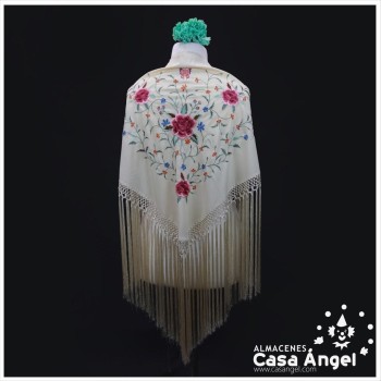 MANTÓN DE PICO BEIGE BORDADO FLORES MULTICOLOR 145cm