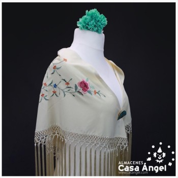 MANTÓN DE PICO BEIGE BORDADO FLORES MULTICOLOR 145cm