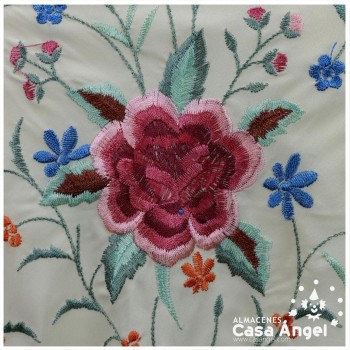 MANTÓN DE PICO BEIGE BORDADO FLORES MULTICOLOR 145cm