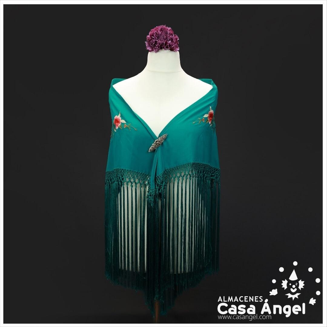 MANTÓN DE PICO VERDE BOSQUE BORDADO FLORES MULTICOLOR 145cm