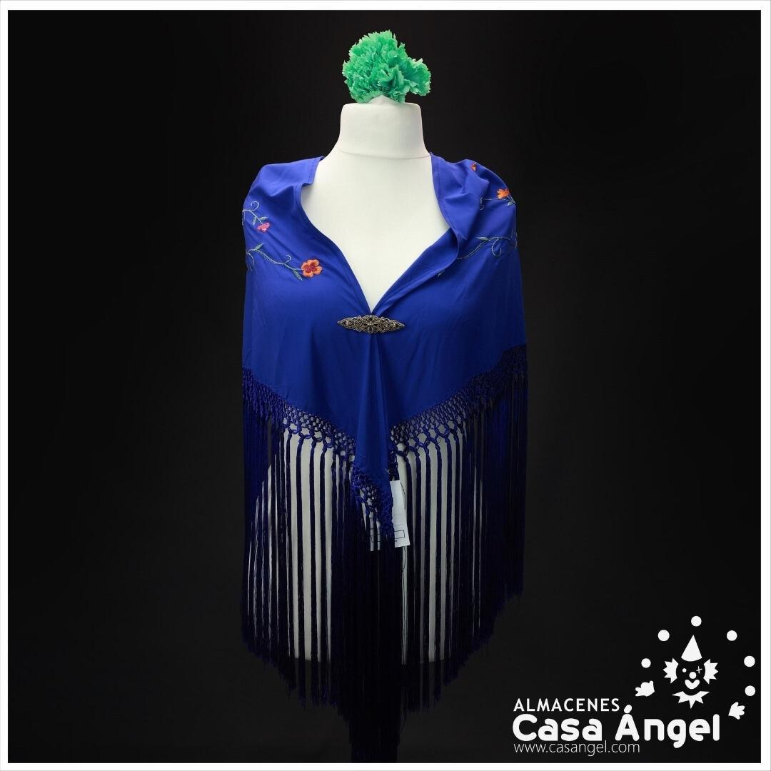 MANTÓN DE PICO AZUL PETRÓLEO BORDADO FLORES MULTICOLOR 150cm