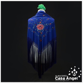 MANTÓN DE PICO AZUL PETRÓLEO BORDADO FLORES MULTICOLOR 150cm