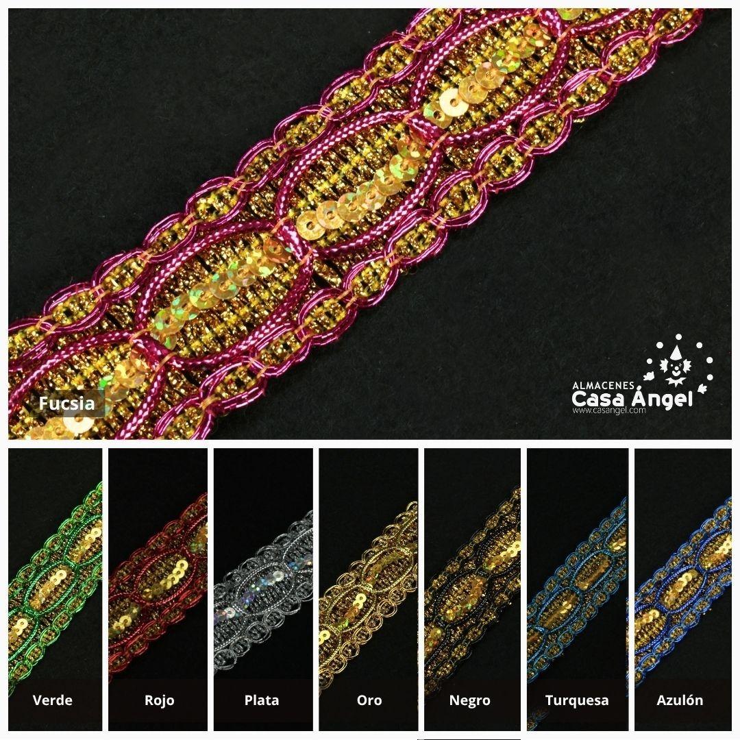 PASAMANERÍA DECORATIVA CON LENTEJUELAS VARIOS COLORES SOBRE ORO 25mm