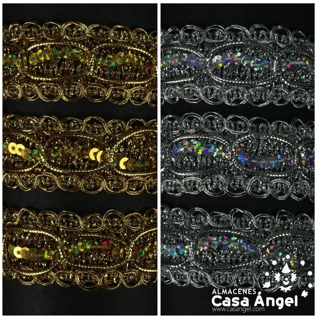 PASAMANERÍA DECORATIVA CON LENTEJUELAS PLATA Y ORO 25mm