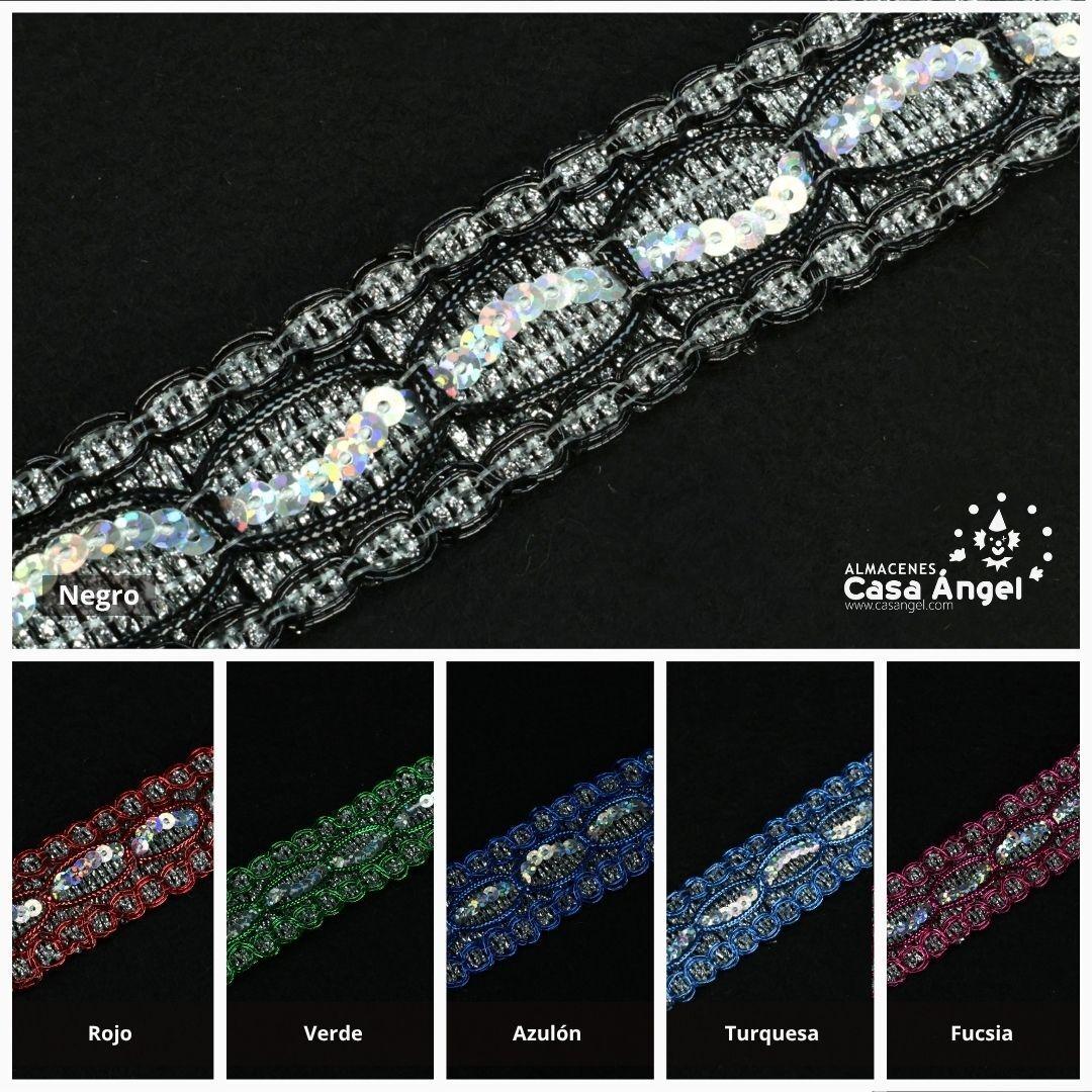 PASAMANERÍA DECORATIVA CON LENTEJUELAS VARIOS COLORES SOBRE PLATA 25mm