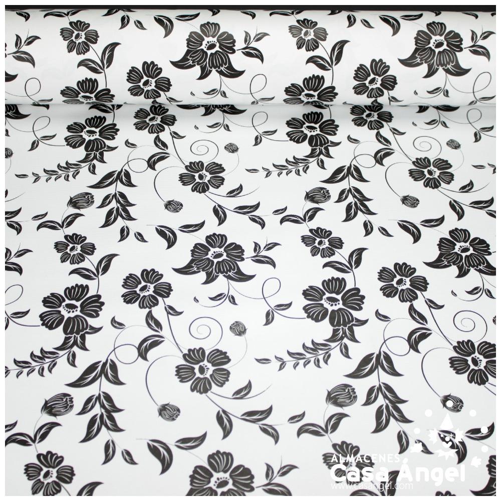 MANTEL RESINADO ESTAMPADO FLORAL BLANCO Y NEGRO 140cm