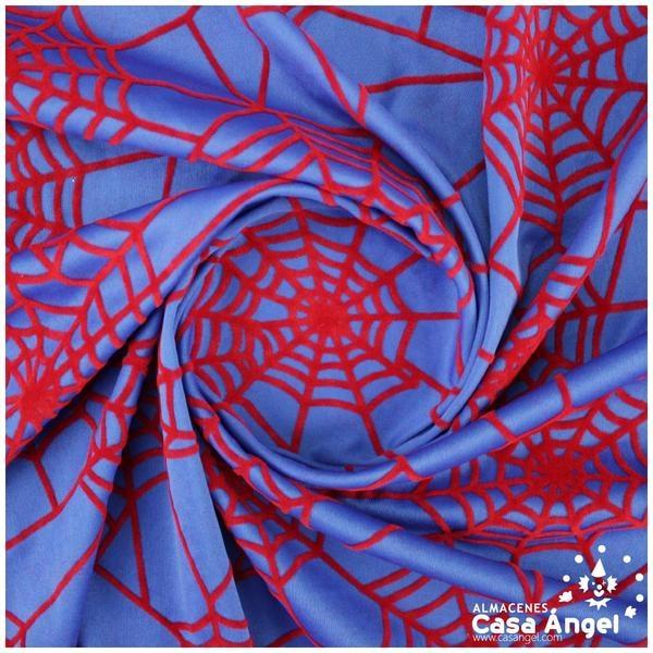 TELA PUNTO AZUL CON TELARAÑAS ROJAS FLOCADAS 150cm