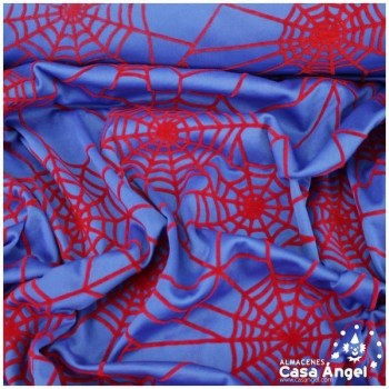 TELA PUNTO AZUL CON TELARAÑAS ROJAS FLOCADAS 150cm