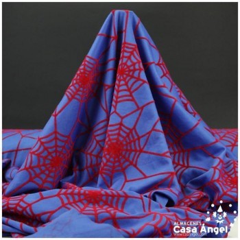 TELA PUNTO AZUL CON TELARAÑAS ROJAS FLOCADAS 150cm