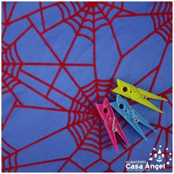 TELA PUNTO AZUL CON TELARAÑAS ROJAS FLOCADAS 150cm