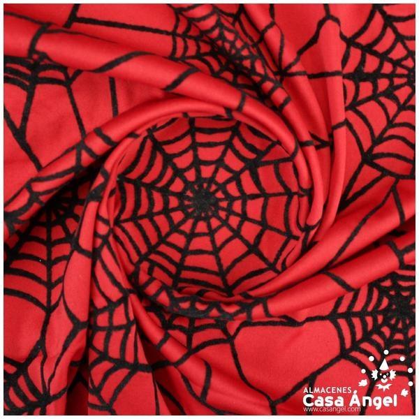 TELA PUNTO ROJA CON TELARAÑAS NEGRAS FLOCADAS 150cm