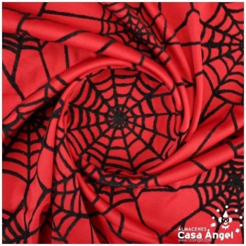 TELA PUNTO ROJA CON TELARAÑAS NEGRAS FLOCADAS 150cm