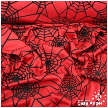 TELA PUNTO ROJA CON TELARAÑAS NEGRAS FLOCADAS 150cm