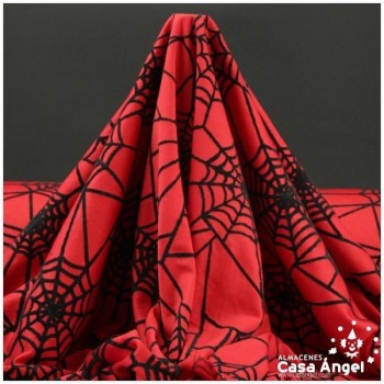 TELA PUNTO ROJA CON TELARAÑAS NEGRAS FLOCADAS 150cm