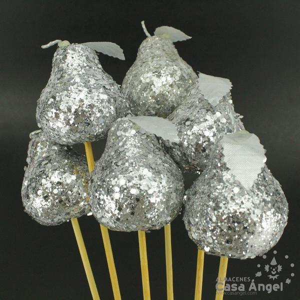 RAMILLETE DE PERAS CON BRILLANTINA PLATA SET 6 UNIDADES
