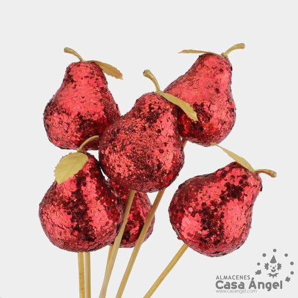 RAMILLETE DE PERAS CON BRILLANTINA ROJA SET 6 UNIDADES