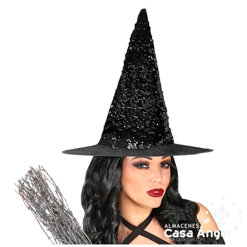 SOMBRERO DE BRUJA REVERSIBLE CON LENTEJUELAS NEGRO Y PLATA