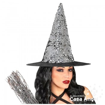 SOMBRERO DE BRUJA REVERSIBLE CON LENTEJUELAS NEGRO Y PLATA