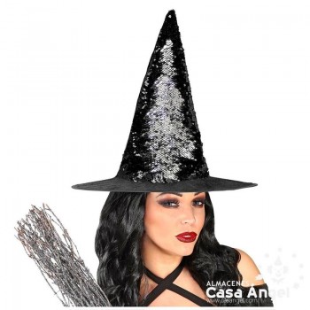 SOMBRERO DE BRUJA REVERSIBLE CON LENTEJUELAS NEGRO Y PLATA