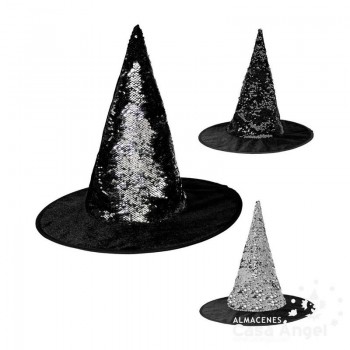 SOMBRERO DE BRUJA REVERSIBLE CON LENTEJUELAS NEGRO Y PLATA