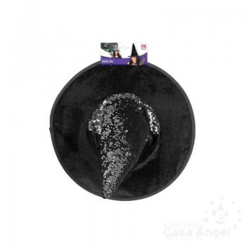 SOMBRERO DE BRUJA REVERSIBLE CON LENTEJUELAS NEGRO Y PLATA
