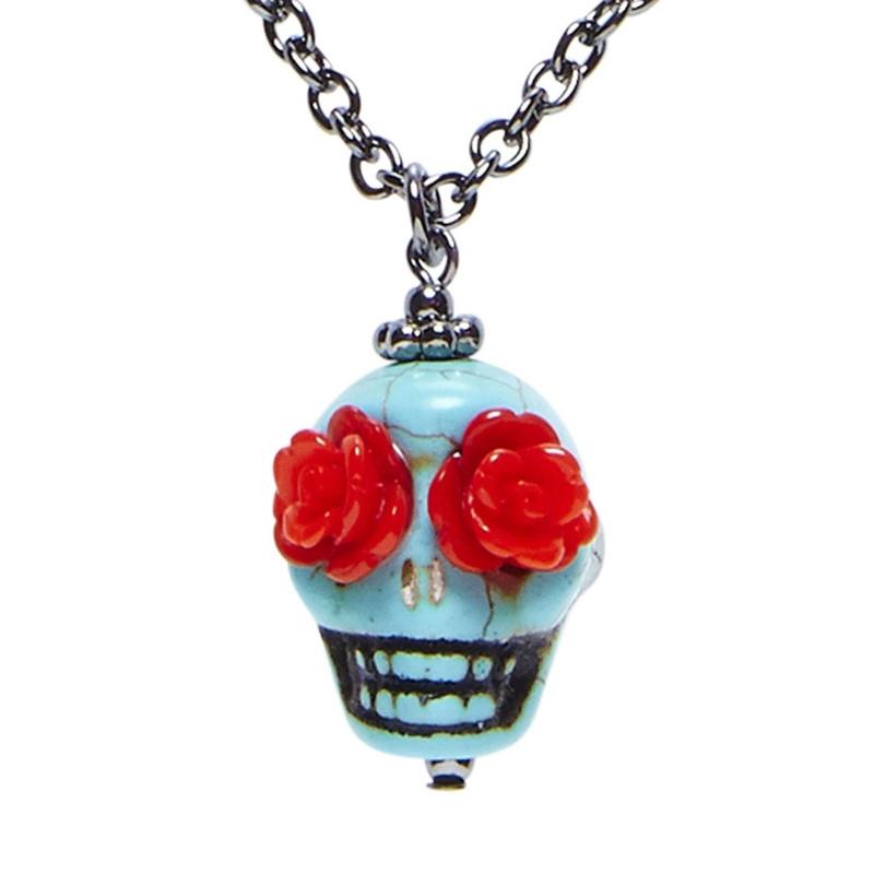 COLLAR CALAVERA AZUL OJOS FLORES ROJAS DÍA DE MUERTOS