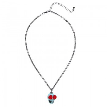 COLLAR CALAVERA AZUL OJOS FLORES ROJAS DÍA DE MUERTOS