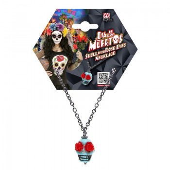COLLAR CALAVERA AZUL OJOS FLORES ROJAS DÍA DE MUERTOS