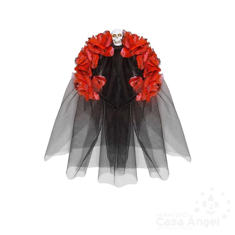 DIADEMA CATRINA VELO NEGRO Y DECORADA CON ROSAS ROJAS Y CALAVERA