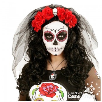 DIADEMA CATRINA VELO NEGRO Y DECORADA CON ROSAS ROJAS Y CALAVERA