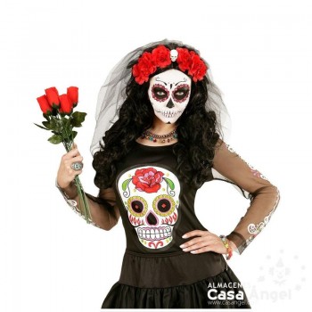 DIADEMA CATRINA VELO NEGRO Y DECORADA CON ROSAS ROJAS Y CALAVERA