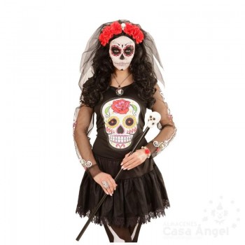 DIADEMA CATRINA VELO NEGRO Y DECORADA CON ROSAS ROJAS Y CALAVERA