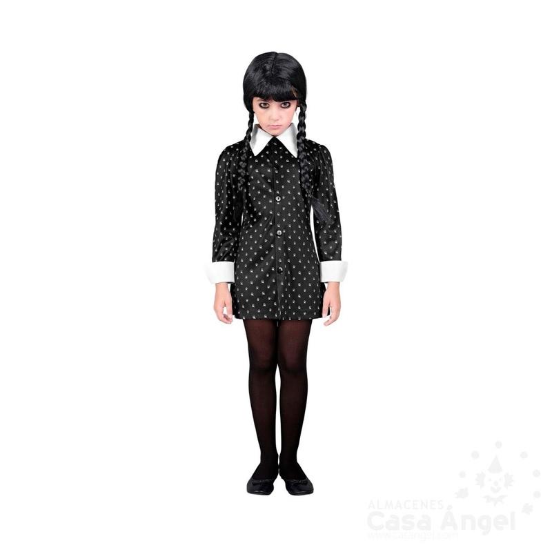 DISFRAZ DE MIÉRCOLES ADDAMS INFANTIL CON ESTAMPADO DE CALAVERAS