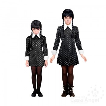 DISFRAZ DE MIÉRCOLES ADDAMS INFANTIL CON ESTAMPADO DE CALAVERAS