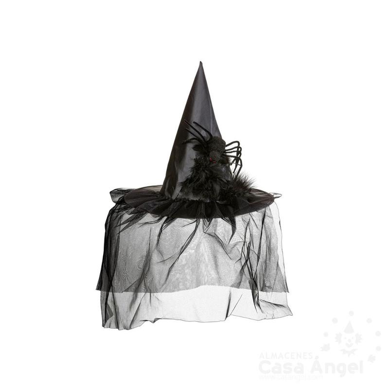 SOMBRERO DE BRUJA NEGRO CON TUL, PLUMAS Y ARAÑA