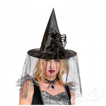 SOMBRERO DE BRUJA NEGRO CON TUL, PLUMAS Y ARAÑA
