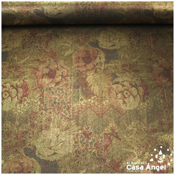 LYCRA ESTAMPADO VINTAGE DE FLORES SOBRE ORO VIEJO 150cm