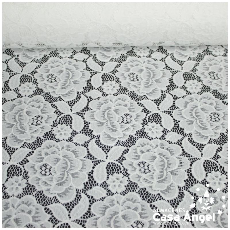 TELA BLONDA ELÁSTICA CON DIBUJO DE ROSAS BLANCA 140cm