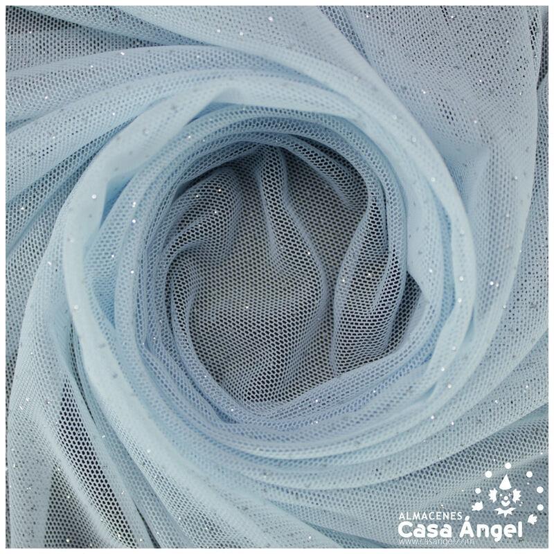 TUL ELÁSTICO CELESTE CON TOPO GLITTER SERIE GALASSIA 150cm