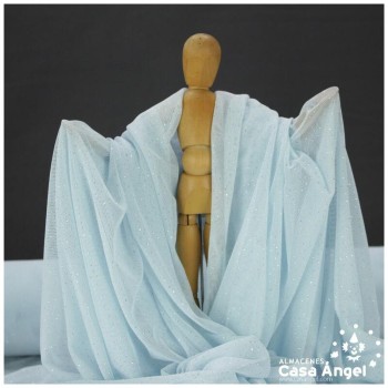 TUL ELÁSTICO CELESTE CON TOPO GLITTER SERIE GALASSIA 150cm