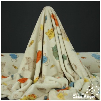CORALINA ESTAMPADA GATITOS Y PECES MARFIL 150cm
