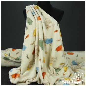 CORALINA ESTAMPADA GATITOS Y PECES MARFIL 150cm