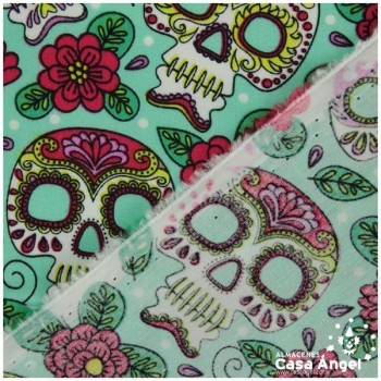 ALGODÓN ESTAMPADO CALAVERAS MEXICANAS SOBRE VERDE 150cm