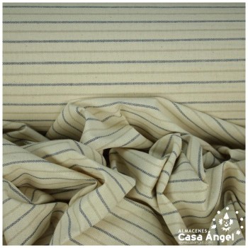 LONETA DE ALGODÓN COLOR CRUDO LINO CON RAYAS MARINO Y ORO 150cm