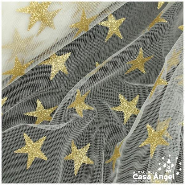 TUL BLANCO CON ESTRELLAS DE GLITTER DORADO 150cm