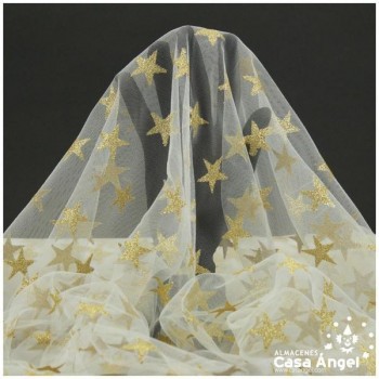 TUL BLANCO CON ESTRELLAS DE GLITTER DORADO 150cm