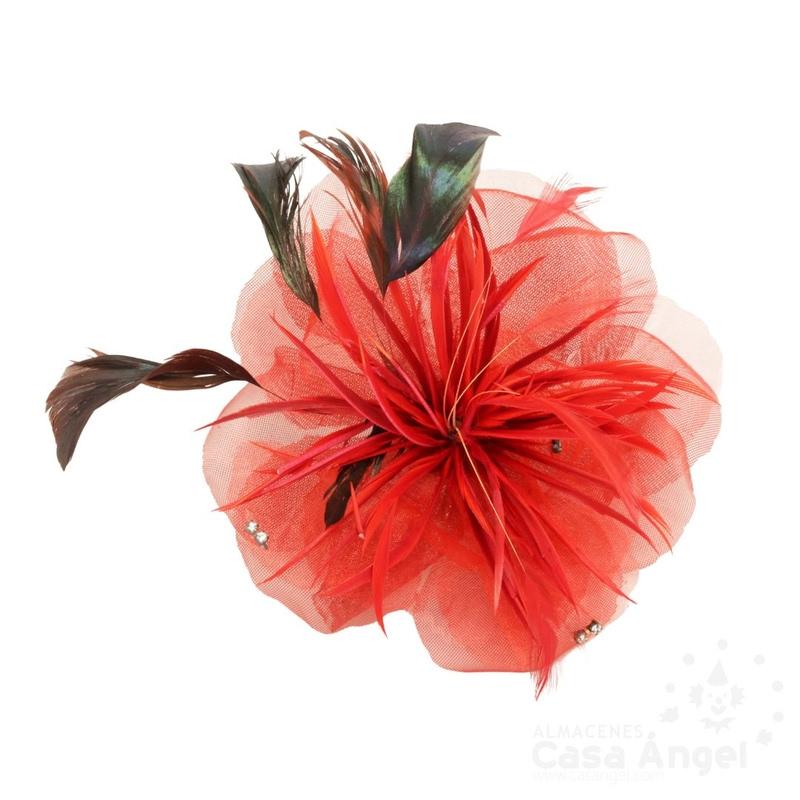 FLOR COGOLLO ROJO CON PIEDRAS PLUMAS BROCHE E IMPERDIBLE