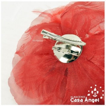 FLOR COGOLLO ROJO CON PIEDRAS PLUMAS BROCHE E IMPERDIBLE